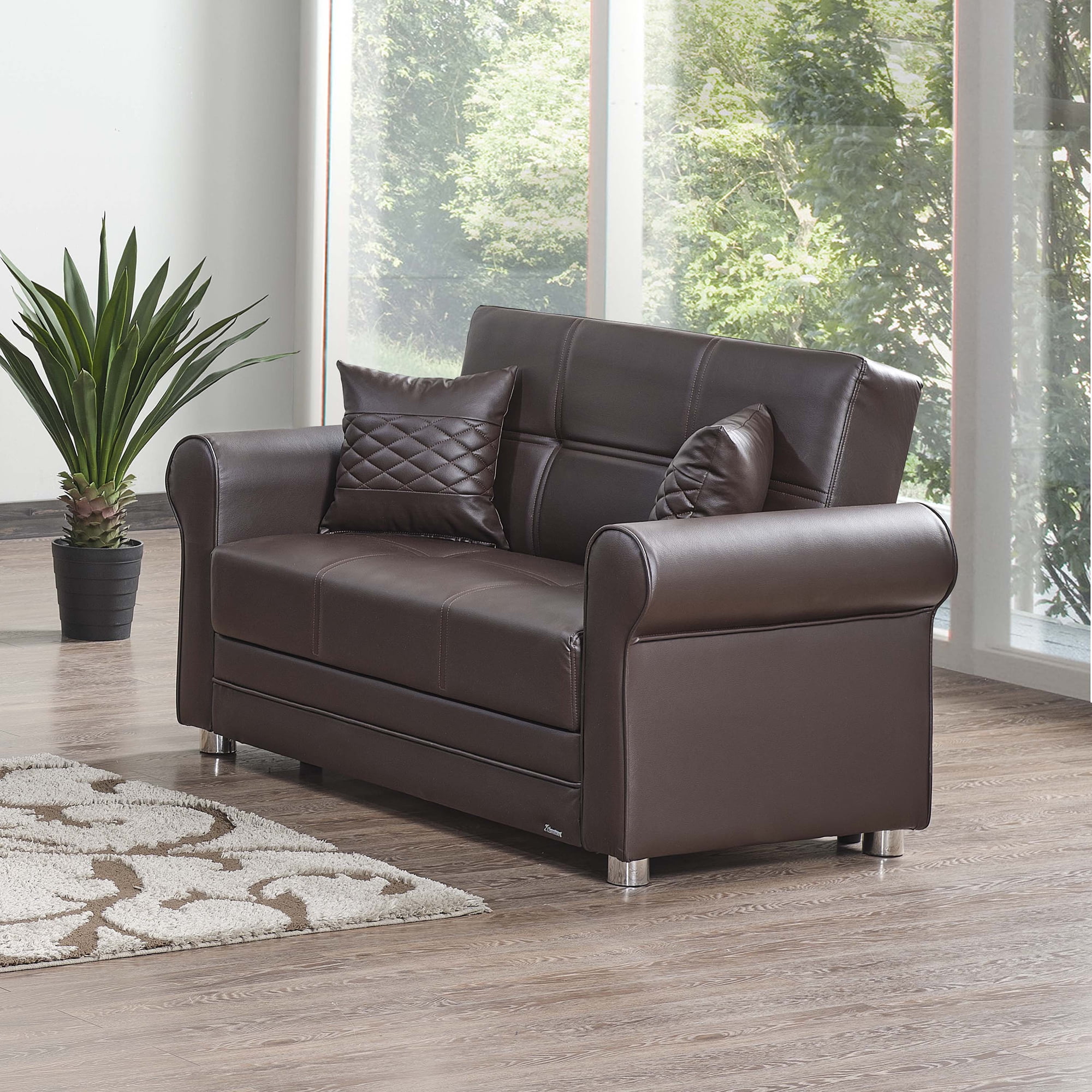 Ottomanson Convertible Sleeper Loveseat with Hidden Storage, Firm Seating, Brown