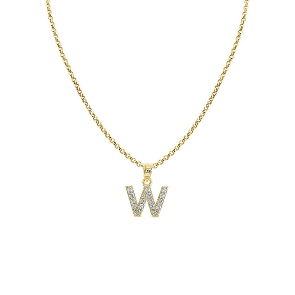 Genuine 14k Yellow Gold 0.59" Cubic Zirconia CZ Initial Letter W Pendant Necklace 16", 18", 20", 22" Trendy Charm Initial Necklaces for Women