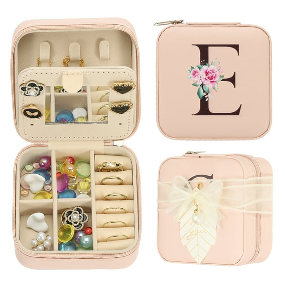Uxcell Travel Jewelry Case, E Initial Small Travel Jewelry Box Organizer Rings Earrings Storage Case Gifts, Pink