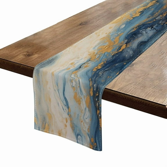BaHomeck Table Runner 13*72 In,Set Of 1 Abstract Blue And Gold Marble High Density Cotton Linens Machine Washable Table Runner For Kitchen Dining Table Coffee Table Decor
