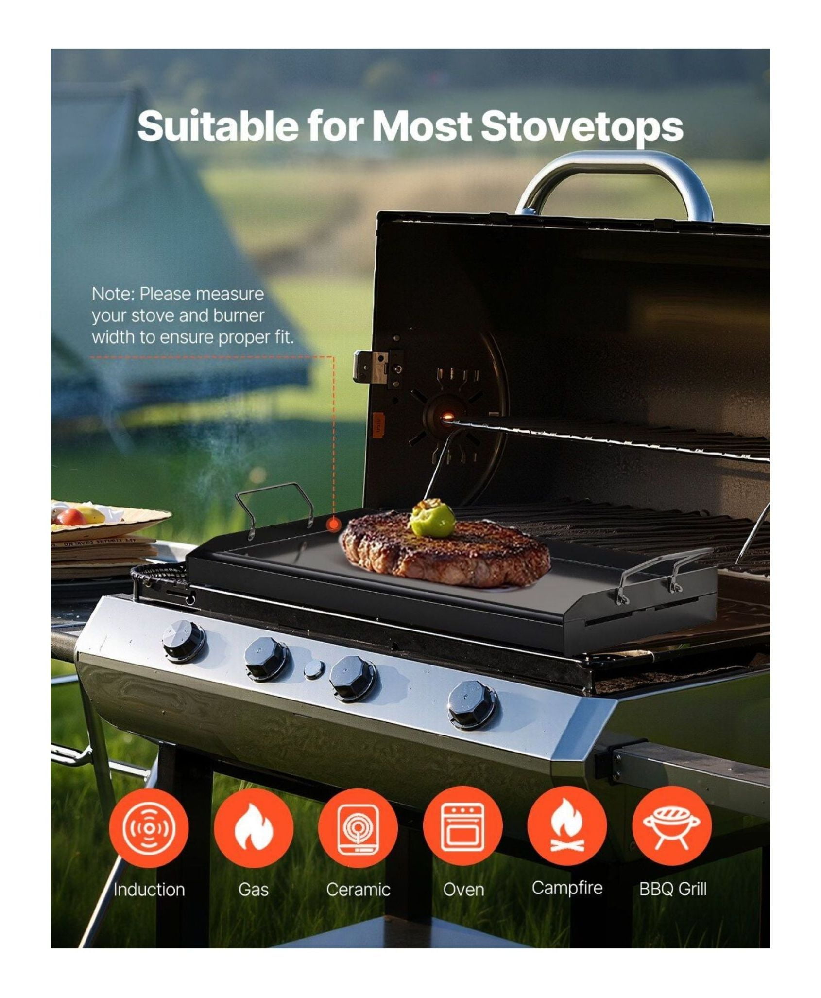 Carbon Steel Griddle 24x16 inch, BBQ Grill Pan, Flat Top Griddle for Gas Stove, Universal Cookware with Grease Trough, Removable Handles