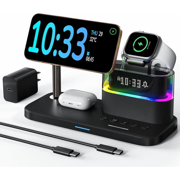 5 in 1 Wireless Charging Station for Apple,Magnetic Charger with Alarm Clock Night Light for Multiple Devices,Nightstand Charging Station Compatible with iPhone 17/16/15/14/13/12,Apple Watch,Air-Pods