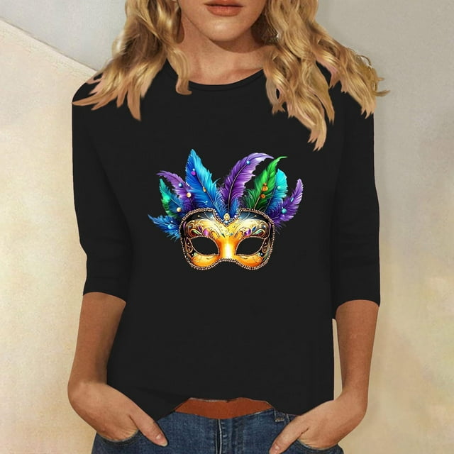 Hauts pour Femmes Manches 3/4 Imprimé Carnaval Décontracté Col Rond Manches Trois-Quarts T-shirt Ample Noir m