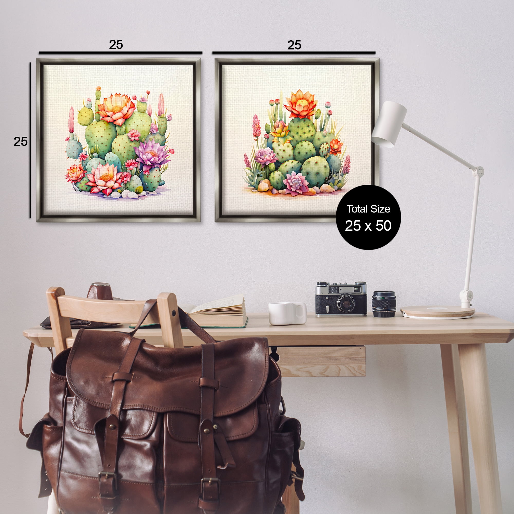Stupell Industries Desert Spring Cactus Flowers Plants & Flowers Painting Gray Floater Framed Canvas Art Print Wall Art, 25 x 25, Set of 2