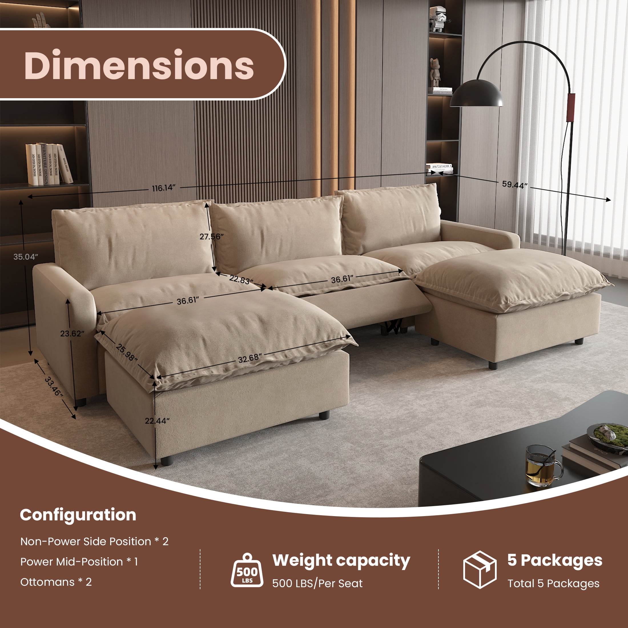 Magic Home Power Recliner Sofa Couch Set, 3 Seat Electric Recliner with Heating, USB Ports for Families and Friends, Modern Electric Recliner Sofa for Living Room Home Theater, Khaki