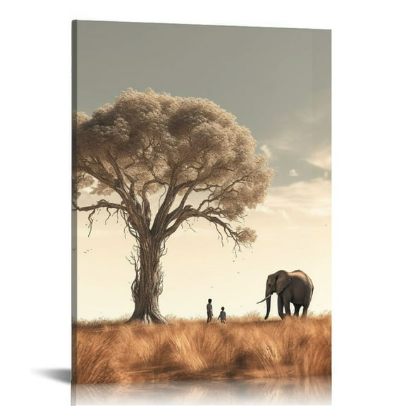 EastSmooth  Safari Wall Art Mom and Baby Elephant Canvas Painting Stretched and Framed Africa Animal Artwork for Home Office Wall Decor