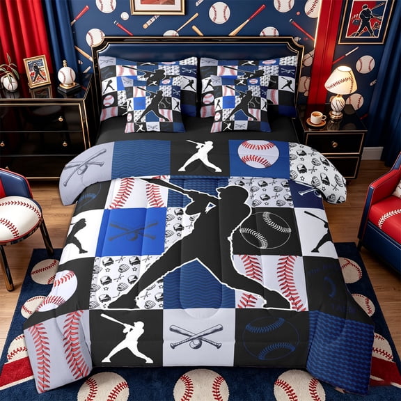 Castle Fairy Sport Baseball Collage Twin Bedding 7-Piece, Geometric Plaid Bedding Comforter Set, Navy Red Black,Black Reversible