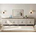thumbnail image 2 of 135" Buffet Cabinet with 8 Doors & 4 Drawers, 134-Inch Mid-Century Modern Wood Coffee Bar Table & Kitchen Storage Cabinets, Farmhouse Sideboard Credenza for Dining Room, Rustic White, 2 of 8