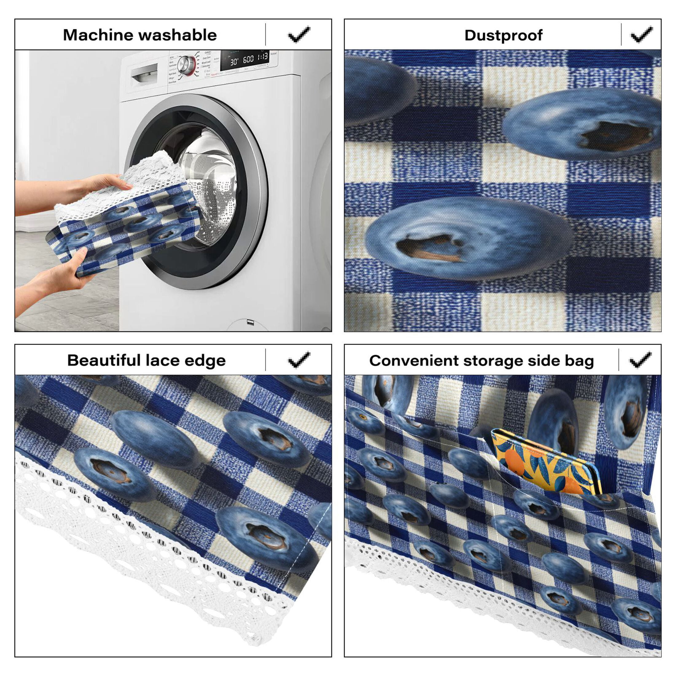 Wobogo Blueberry Plaid Washing Machine Cover Dustproof Washer Dryer Cover Waterproof Laundry Room Decorative Protector