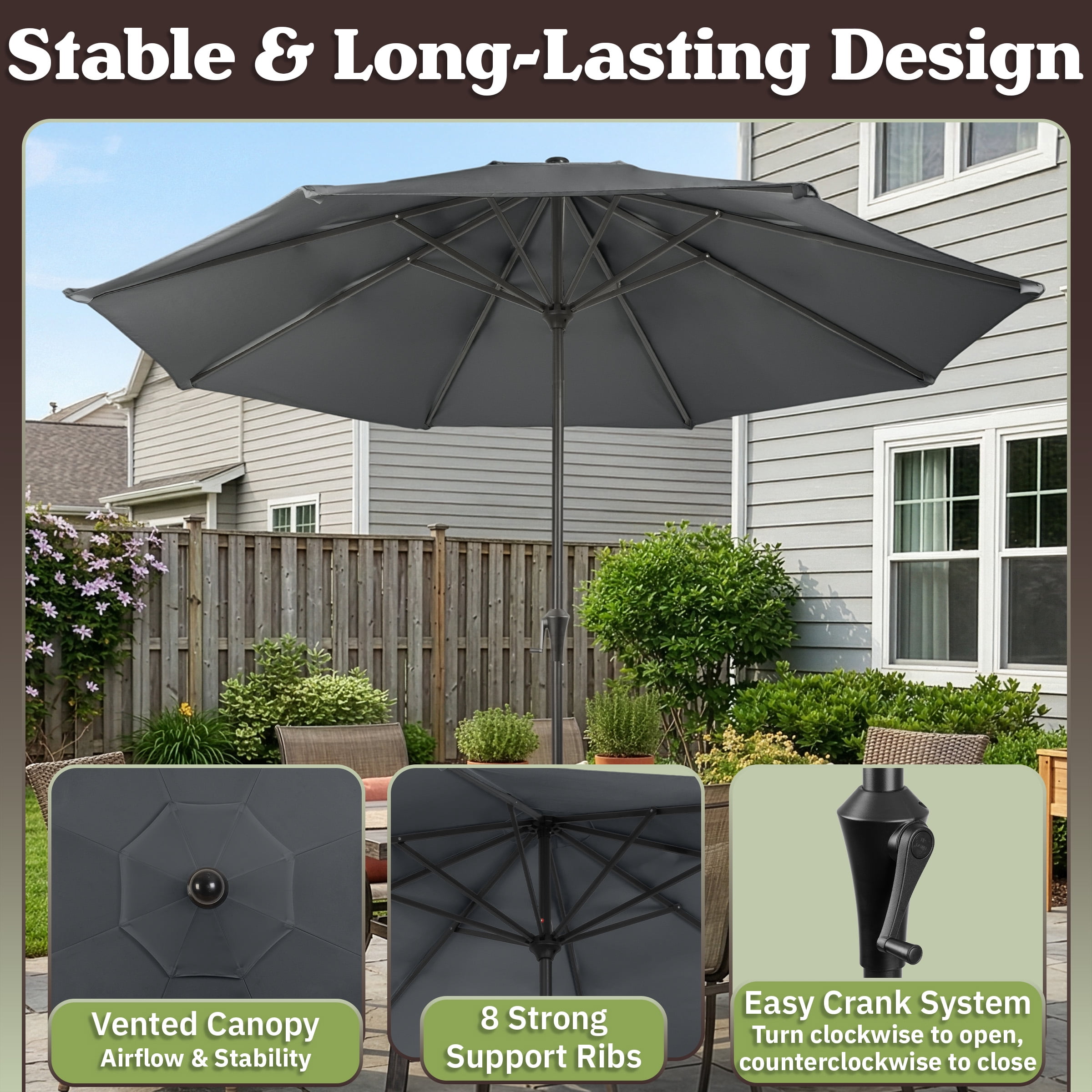 Pure Garden 9FT Outdoor Vented Patio Umbrella with Easy Crank (Gray)