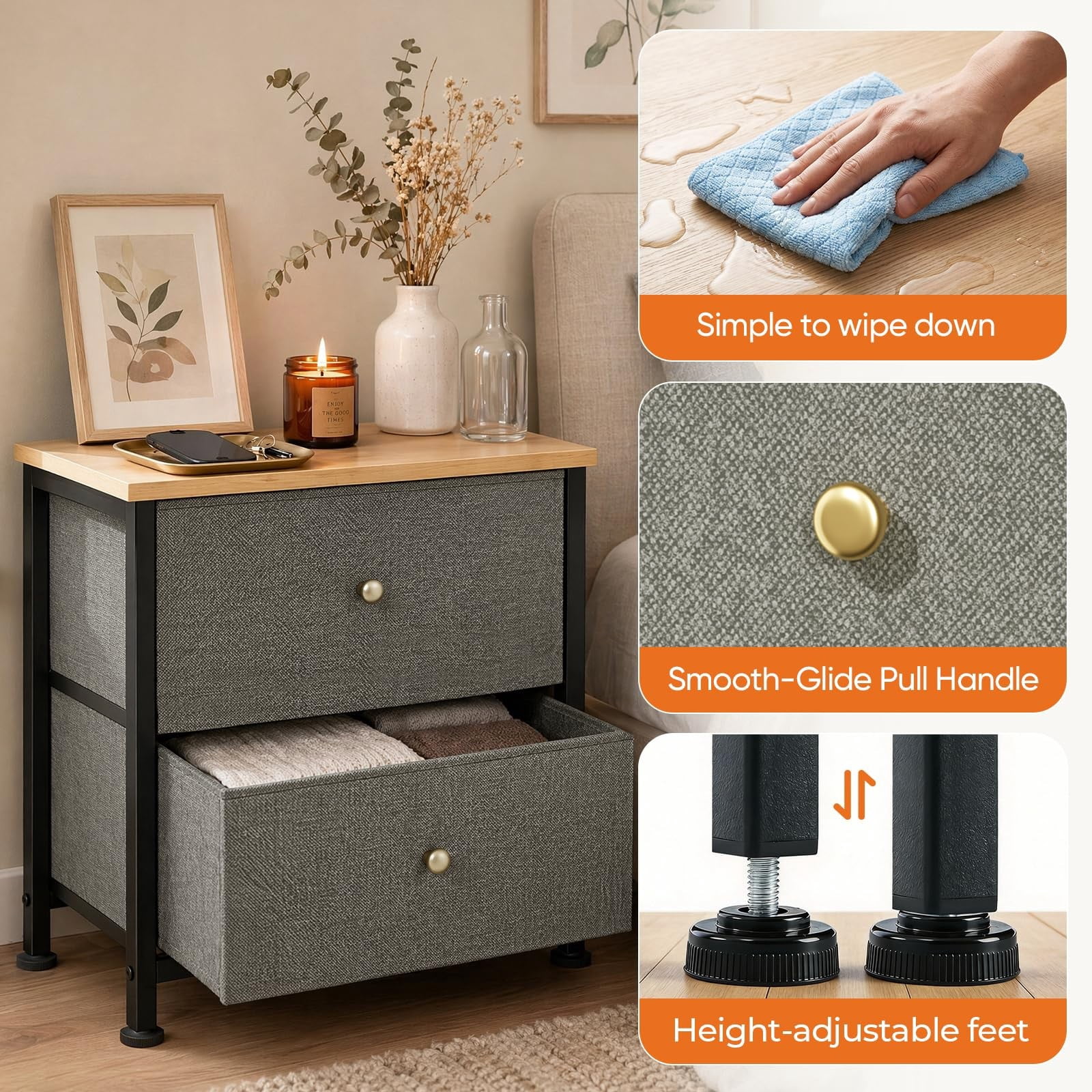 Telyra Fabric Nightstand with 2 Drawers 20" Bedside Table with Wood Top and Steel Frame Small Storage Organizer, Ink Green