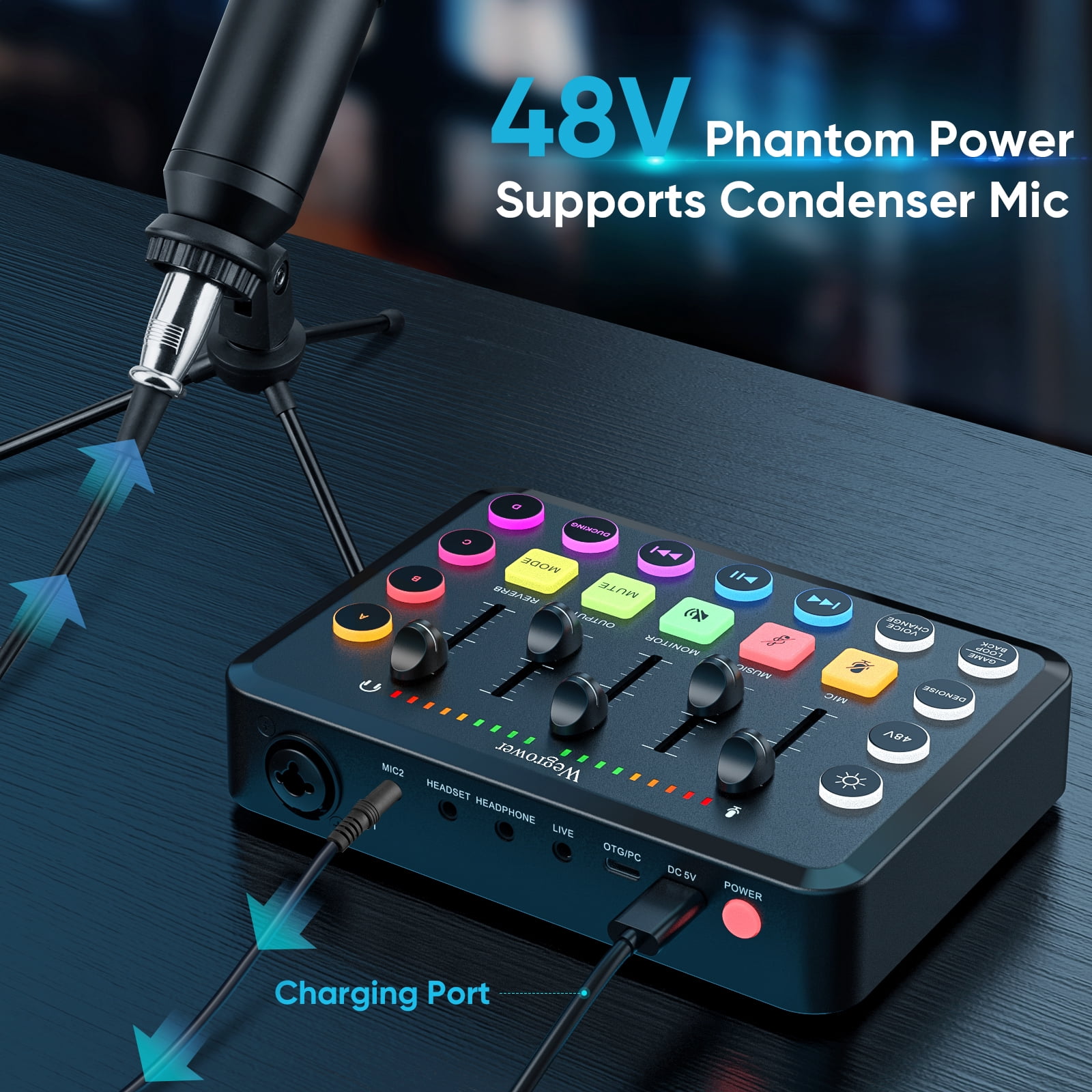 Rechargeable Audio Mixer with Tripod for Gaming & Podcasting - 48V Phantom Power, Dual Mic Inputs, RGB Lighting, 1-Click Noise Cancel, Voice Changer, Plug & Play (W-11BK)