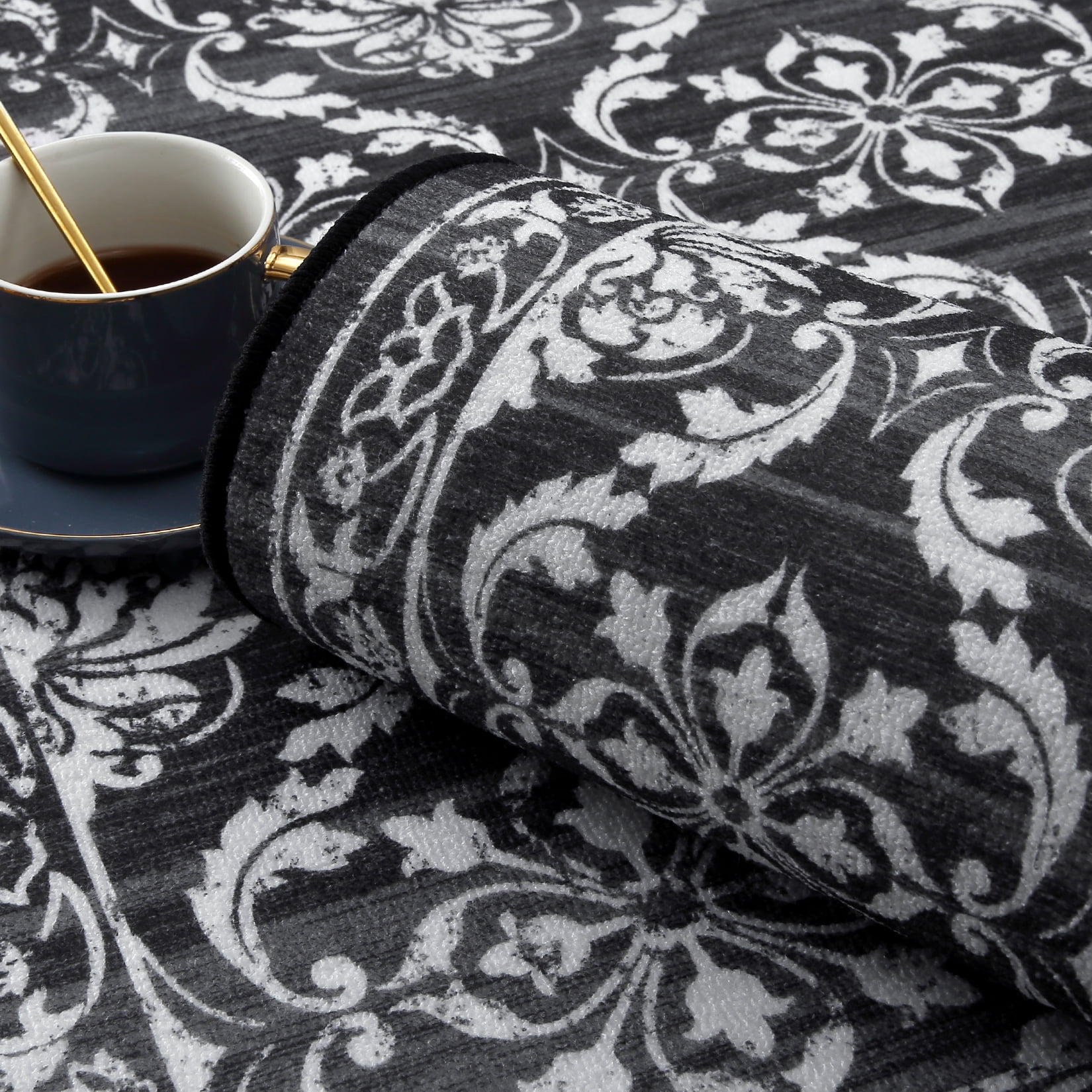 Hasoo 5' x 7' Area Rug for Living Room Modern Floral Thin Carpet Non-Slip Rug Foldable Indoor Rug for Bedroom Kitchen Black/Gray