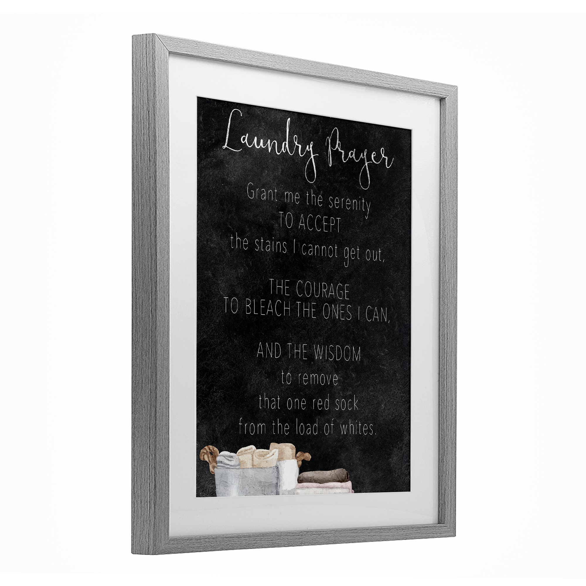 Accept The Stains Laundry Prayer Gray Framed Print Under Glass, design by Kim Allen