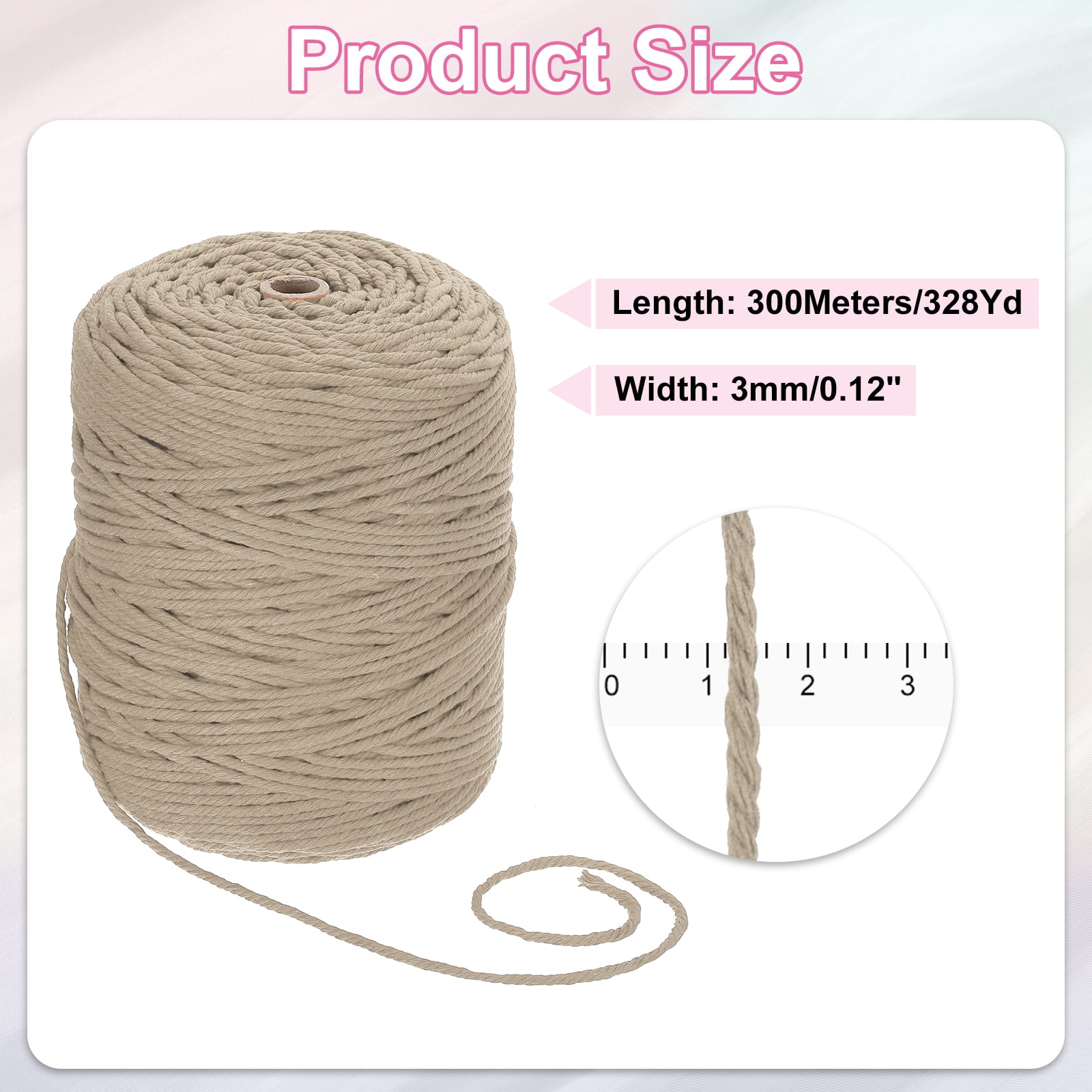 Uxcell Natural Macrame Cord 3mm x 328 Yards 4 Strand Twisted Cotton Macrame Rope for DIY Knitting Plant Wall Hanger Dreamcatcher, Beige Brown
