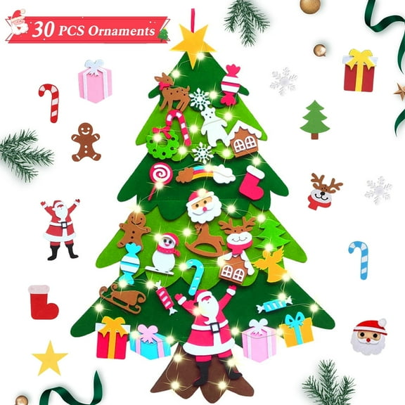 BOPORO DIY Lighted Felt Christmas Tree Set for Toddlers, Kids Door Wall Hanging Xmas Gifts Christmas Decorations, 3.2FT Family 3D Fake Xmas Tree with 33 pcs Detachable Ornaments, C Style