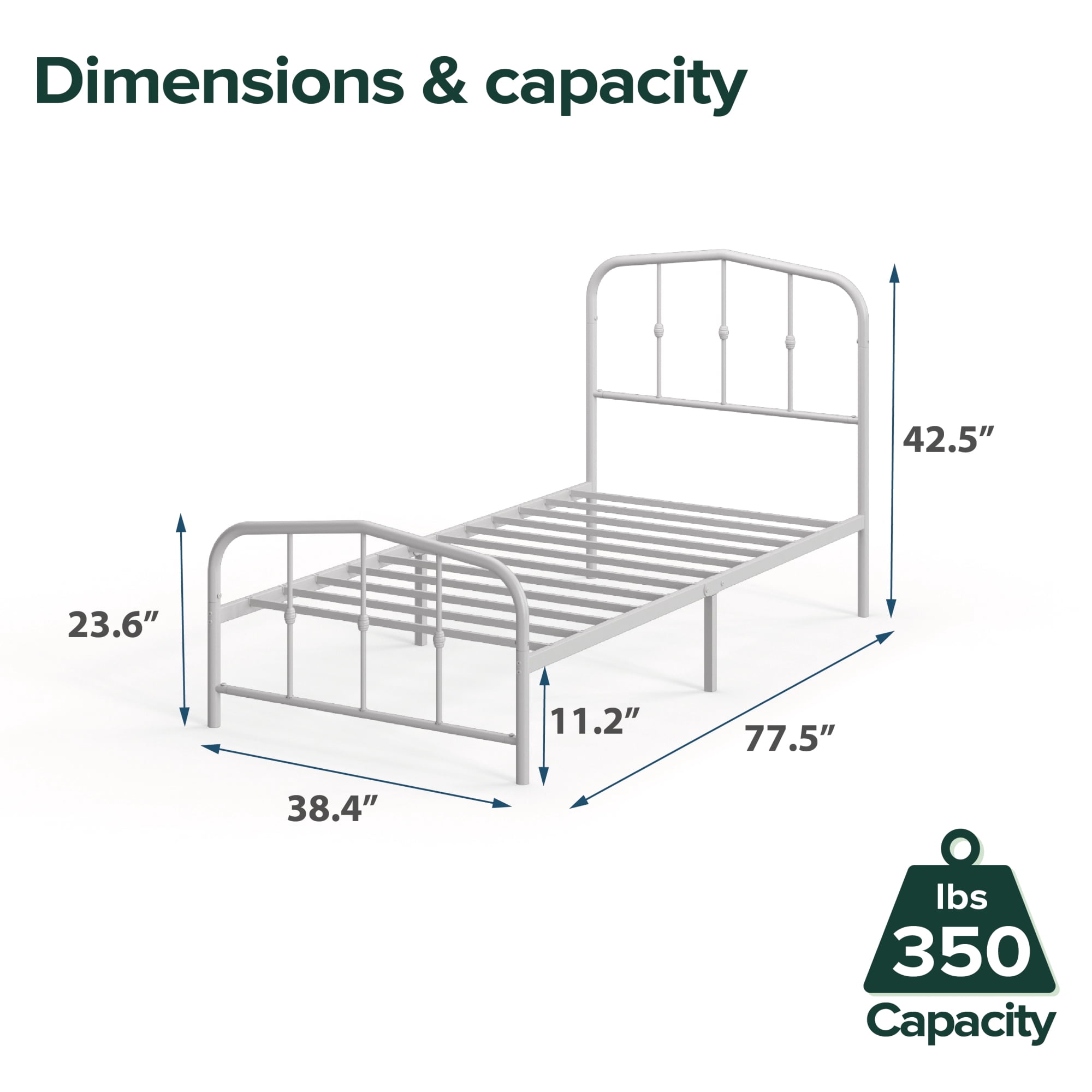 Zinus Heidi 42.5" Farmhouse Metal Platform Bed Frame, White, Twin