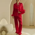 thumbnail image 2 of Women's Pajamas Feather Trim Button Down Long Sleeve Shirt Pants 2 Piece Women Lounge Sets Fall Pajamas for Women, 2 of 3