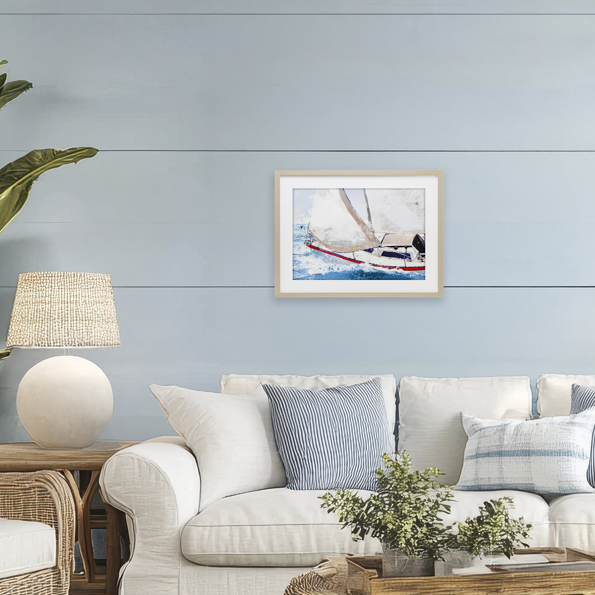 Stupell Industries Sailboat Racing Through Blue Waves Birch Framed Print Under Glass, design by Porter Hastings