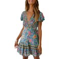 thumbnail image 1 of SURJDE Womenu2019s Summer Wrap V Neck Bohemian Floral Print Ruffle Swing A Line Beach Mini Dress, 1 of 7