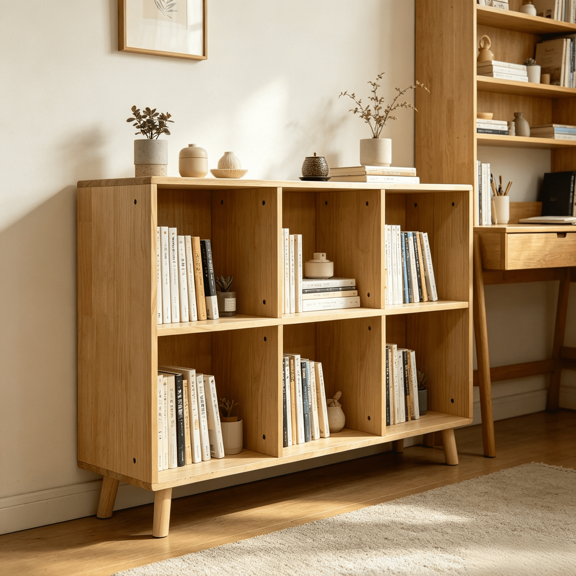 Leumius 6 Cube Storage Shelf, Freestanding Open Bookcase with Legs, Natural Solid Wood Cubby Organizer for Living Room, Bedroom, Office, Entryway