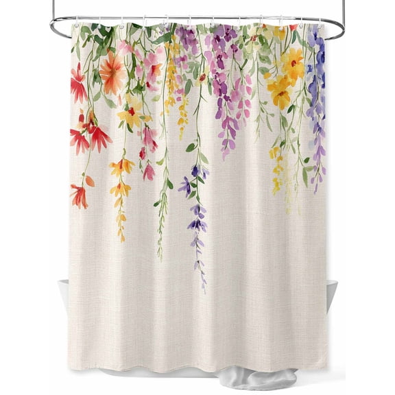 Shower Curtain Spring Flower Shower Curtains for Bathroom, Waterproof Polyester Shower Curtain Set with Hooks, Small Stall Size 36" x 72" Purple Yellow Flowers