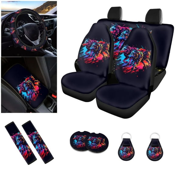 LedBack Wolf Printed Car Seat Covers Full Set for Men Women, Front Rear Seat Backrest Bottom Universal Fits SUVs, Sedans, Steering Wheel Pads Seatbelt Cover Car Coasters Keychain, Car Accessories
