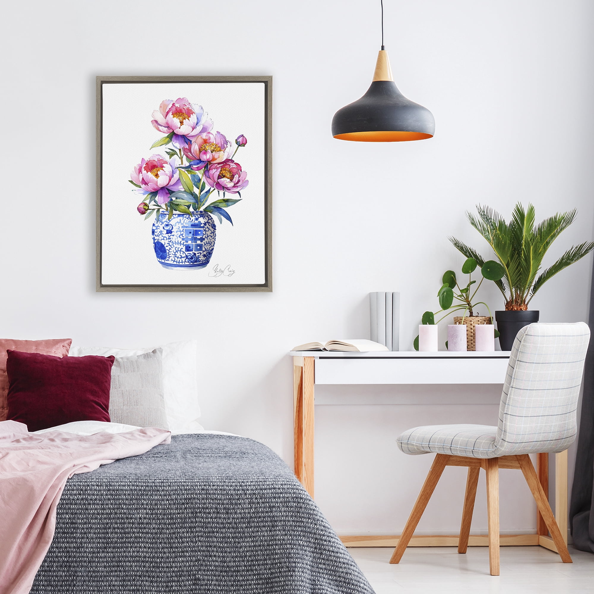 Stupell Industries Blue Dynasty Blooms Brown Framed Floater Canvas Wall Art, design by Shelly Craig