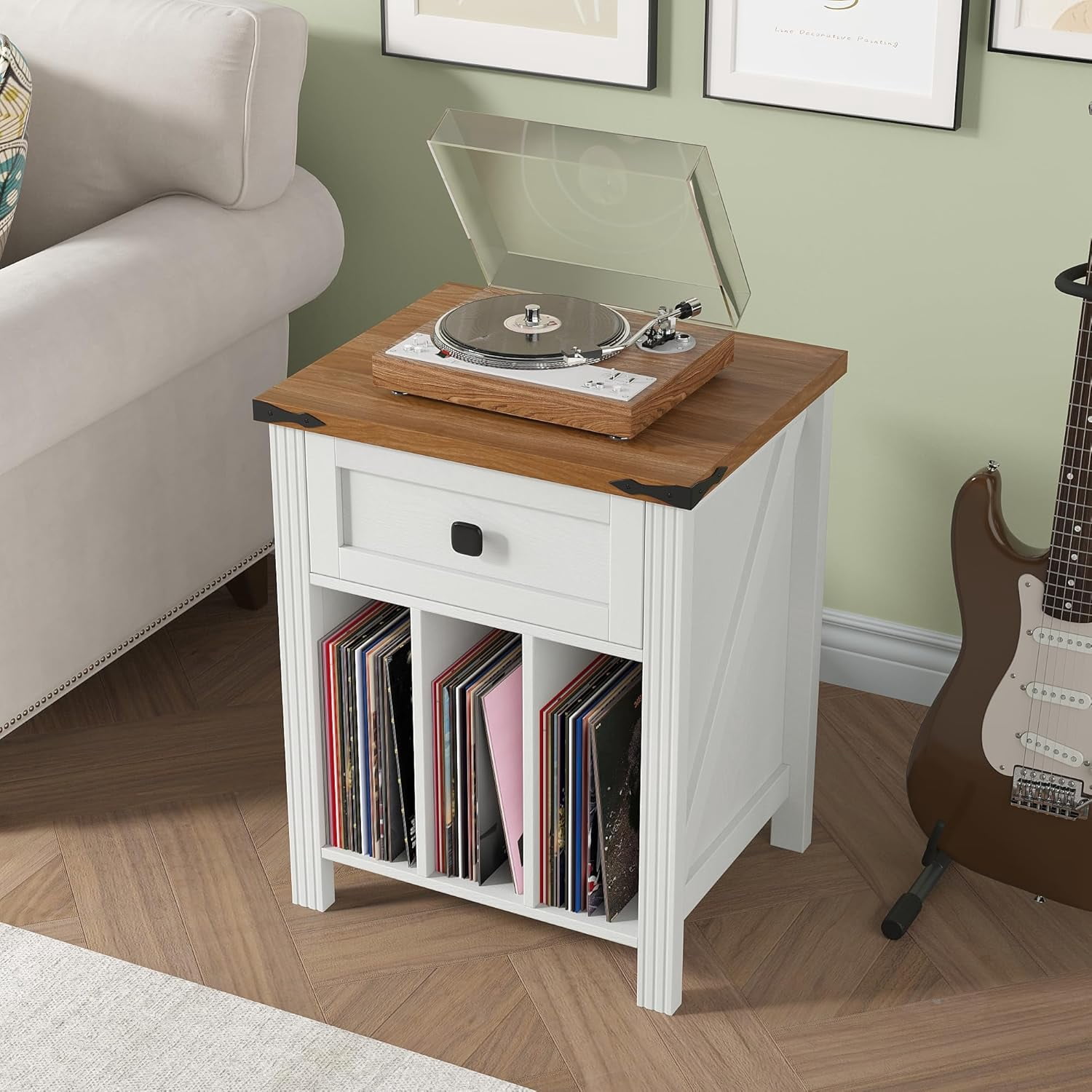 VEANERWOOD Nightstand with Drawers and Charging Station, Farmhouse Vinyl Record Storage Cabinet End Table for Bedroom Living Room