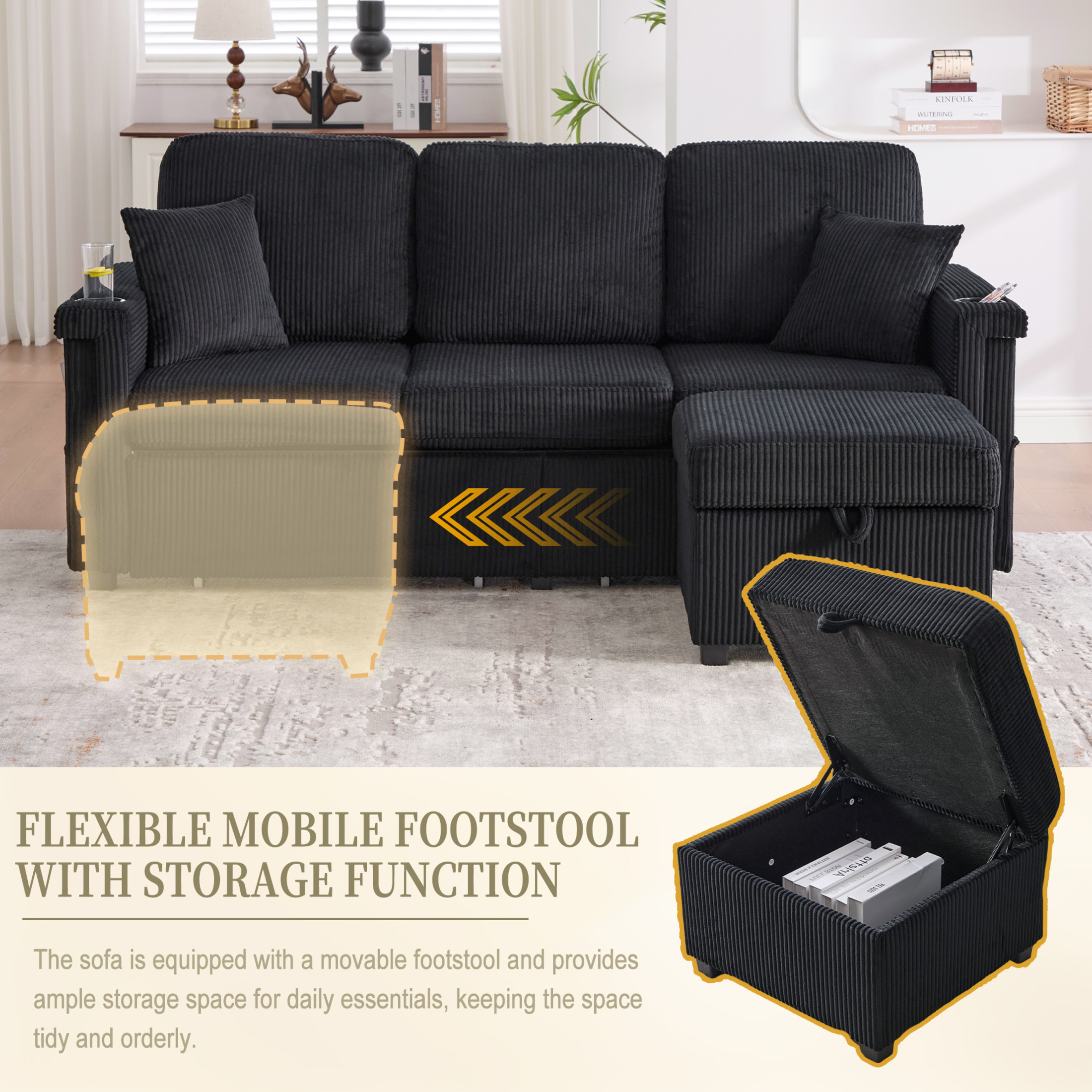 Noble House Elena 4-Seater L-Shaped Corduroy Sectional Sofa with Pull-Out Storage, Ottoman for Living Room, Black