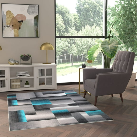Emma   Oliver 5x7 Modern Cubist Olefin Accent Runner Rug in Gradient Shades of Black, Gray and Turquoise with Natural Jute Backing