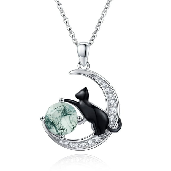 Coachuhhar Cat Necklace 925 Sterling Silver Cute Animal Pendant Necklace Moss Agate Jewelry Gifts for Women