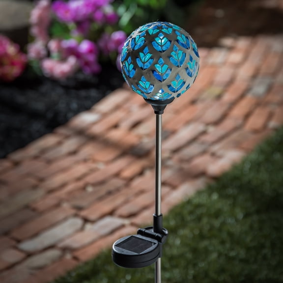 22"H Solar Mosaic Globe Garden Stakes, Peacork Blue