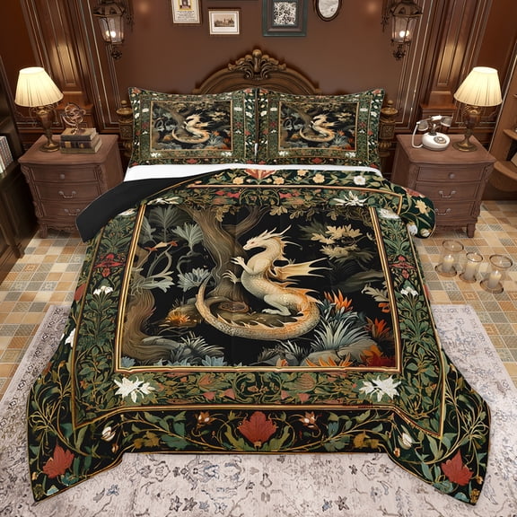 Homewish Magic Western Dragon Bedding Comforter Set, Rustic Plant Botanical Twin Comforter Sets, Vintage Bohemian Animal Reversible Bedding Set, Ultra Soft Bedroom Decor, 2 Pieces