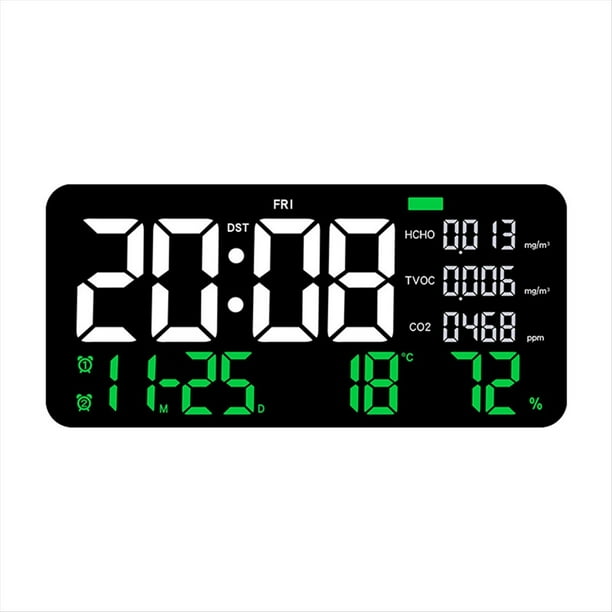Reloj de Pared Digital LED Pantalla de Formaldehído/CO2/TVOC Reconocimiento de Humo Cuenta Atrás Reloj para Dormitorio Verde