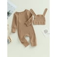 thumbnail image 2 of Bagilaanoe Newborn Baby Girl Boys Jumpsuit Long Sleeve Bodysuit + Hat 3M 6M 12M 18M Infant Zip Up Ribbed One Piece Romper, 2 of 8