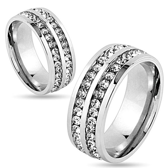 Double Lined CZ Center Stainless Steel Wedding Band 6mm Ring (SIZE: 6)