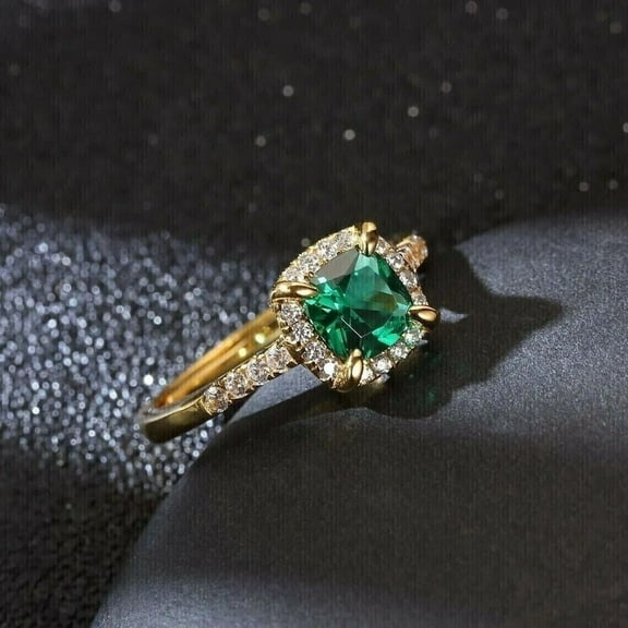 Hitanshu Jewels Gift For Womens Wedding Ring Green Cubic Zirconia Cushion Cut 14K Yellow Gold Finish