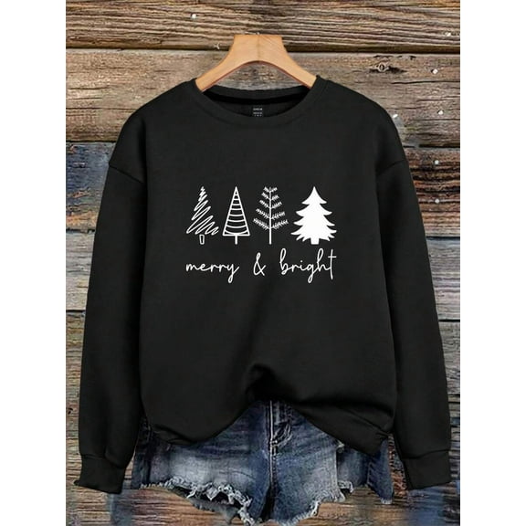 Women's Merry & Bright Christmas Trees Print Sweatshirt,Long Sleeve Tops