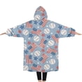 thumbnail image 2 of Oversized Wearable Blanket Hoodie,Blue Baseballs and USA Flags Pattern Sherpa Blanket Hoodie with Super Pockets,Super Warm Fuzzy Pullover for Women & Men, 2 of 6