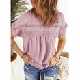 thumbnail image 2 of Camiseta de manga corta de Color puro de verano, blusa con cuello redondo y empalme de encaje de punto suizo, 2 of 6