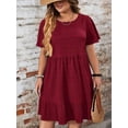 thumbnail image 3 of Burgundy Plus Size Round Neck Ruffle Sleeve Drop Waist Casual Summer Dress, 3 of 6