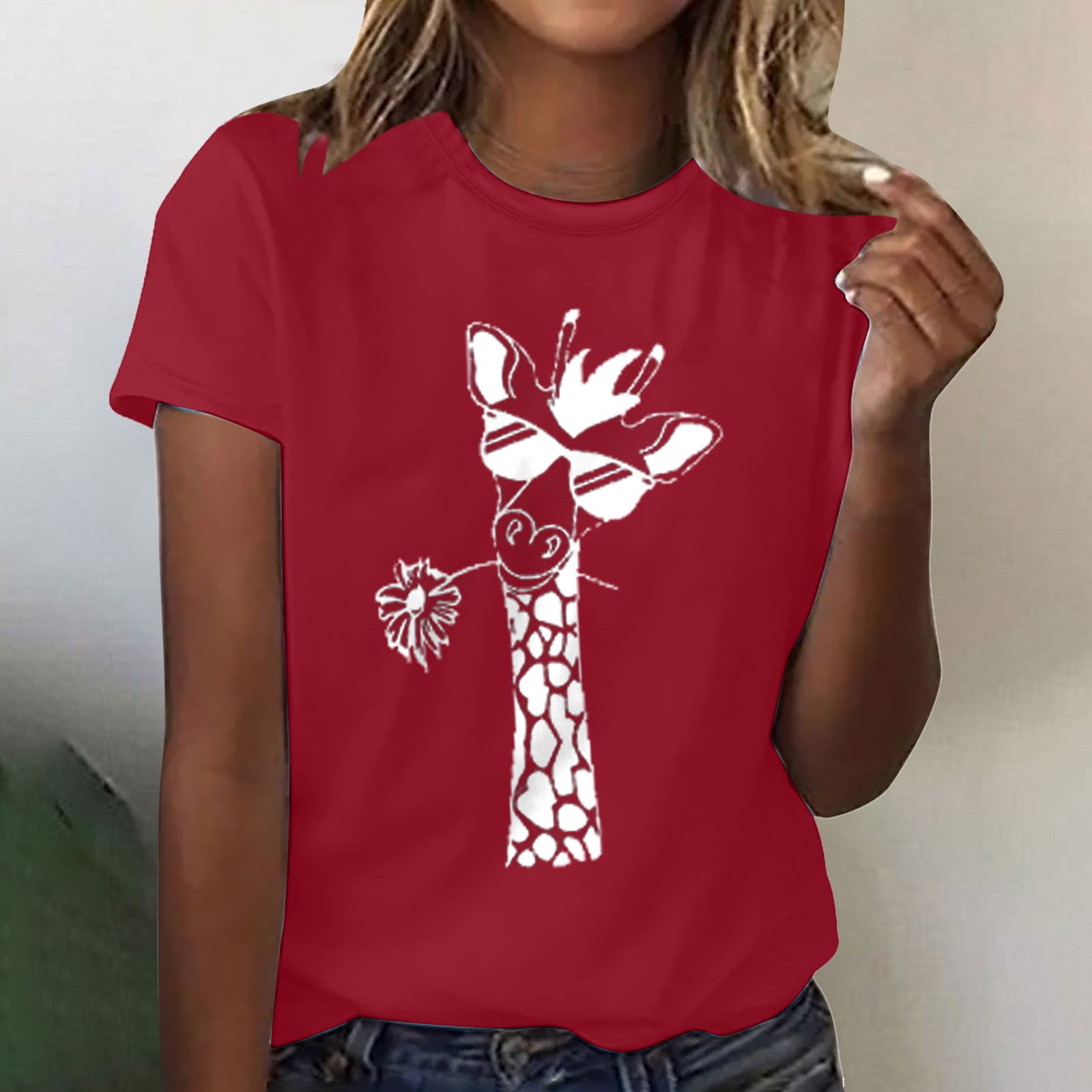 Jsaierl Womens Summer Giraffe Print T-Shirt Funny Crewneck Cute Animal ...