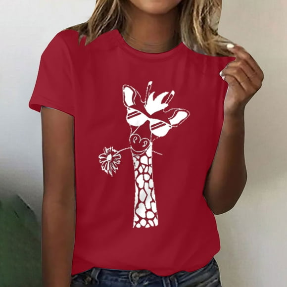 Jsaierl Womens Summer Giraffe Print T-Shirt Funny Crewneck Cute Animal Graphic Tees Casual Short Sleeve Tops Plus Size