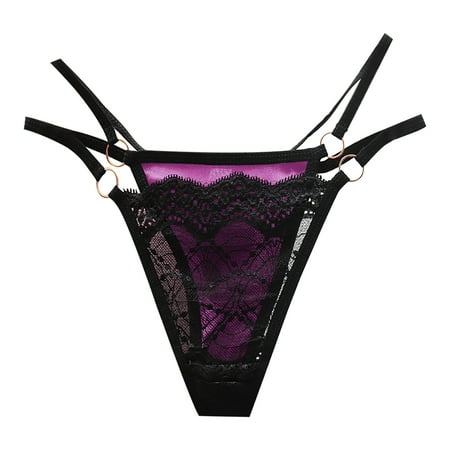 Midwennn Womens Sexy Low Waist Satin Through Transparent Hollow Lace Thong Panties Briefs Women Small