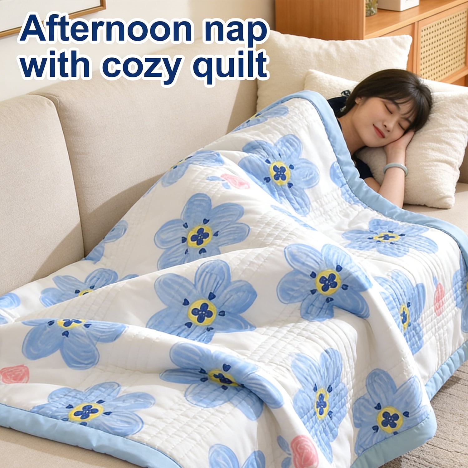 Oaskys Cartoon Flower Pattern Thin Quilt – Breathable Lightweight quilt with Cute Floral Design, Double-sided blanket for Girls, Toddlers & Teen