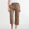 thumbnail image 7 of Petite Capris Pants for Women Drawstring Elastic Waist Cotton Linen Cropped Trousers With Pockets Summer Loose Straight Light Brown S, 7 of 7