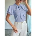 thumbnail image 2 of Women'S Tie Neck Blouse Ruffle Cap Sleeve Elegant Work Office Shirt Tops Light Blue M, 2 of 6