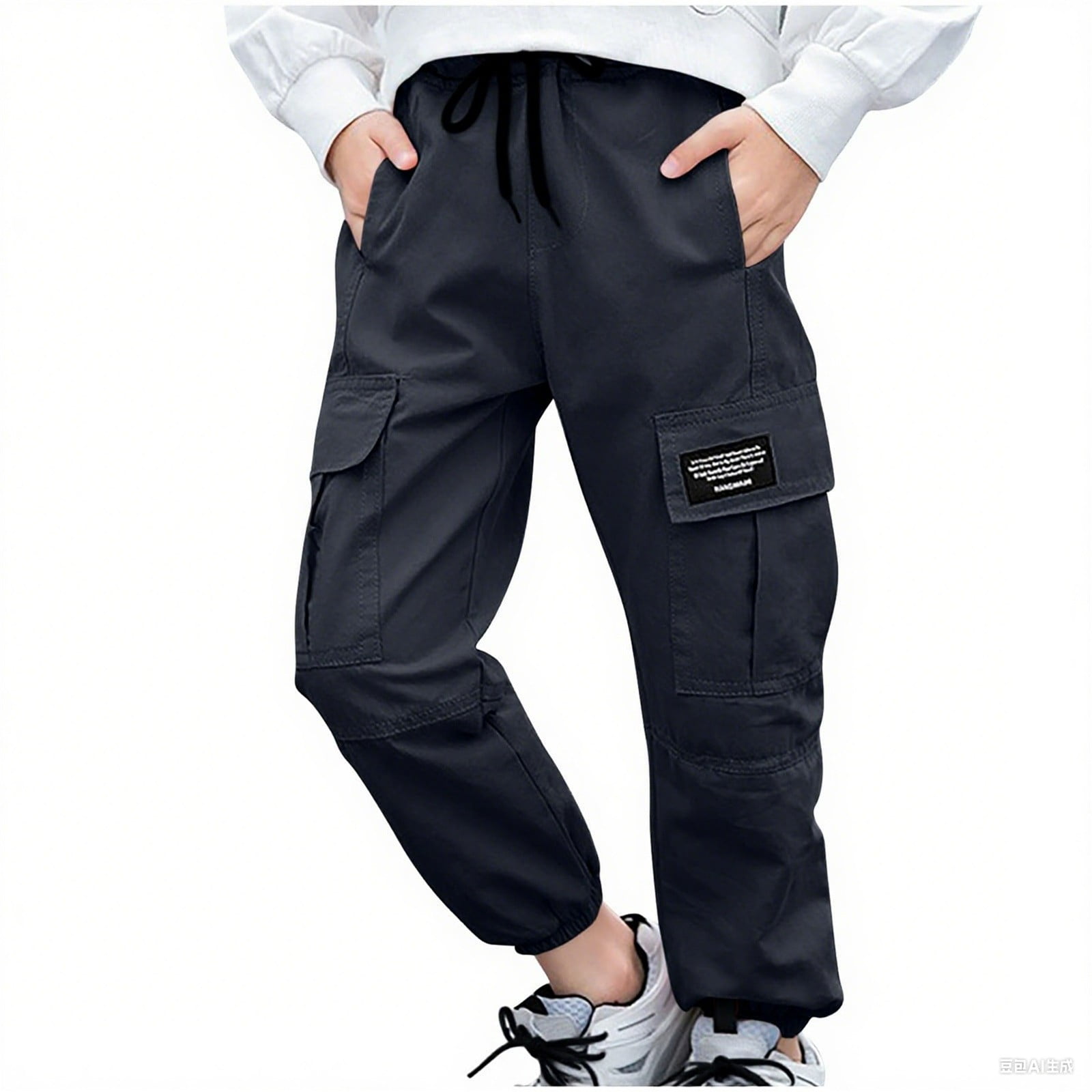 AINIYS Boys Multi-Pocket Cargo Jogger Pants Elastic Waist Tapered Trousers for Street Fashion Black 12 Years
