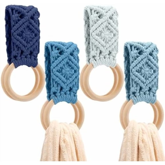 4 Pcs Kitchen Dish Towel Holder Gifts for Valentine Boho Handmade Crochet Hanging Towels Loop Ring Knit Towel Hanger for Cabinet House Oven Stove Door, 4 Colors(Blue)